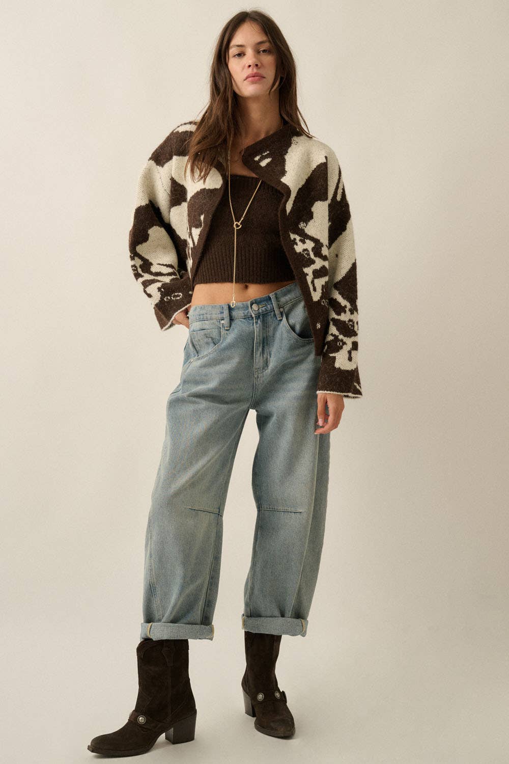Jacquard-Knit High-Collar Sweater Jacket