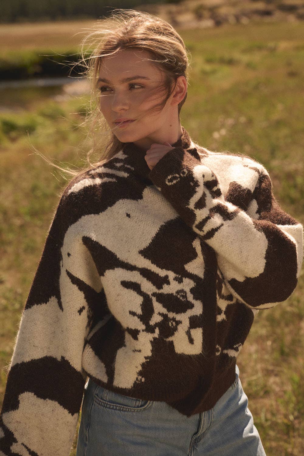 Jacquard-Knit High-Collar Sweater Jacket