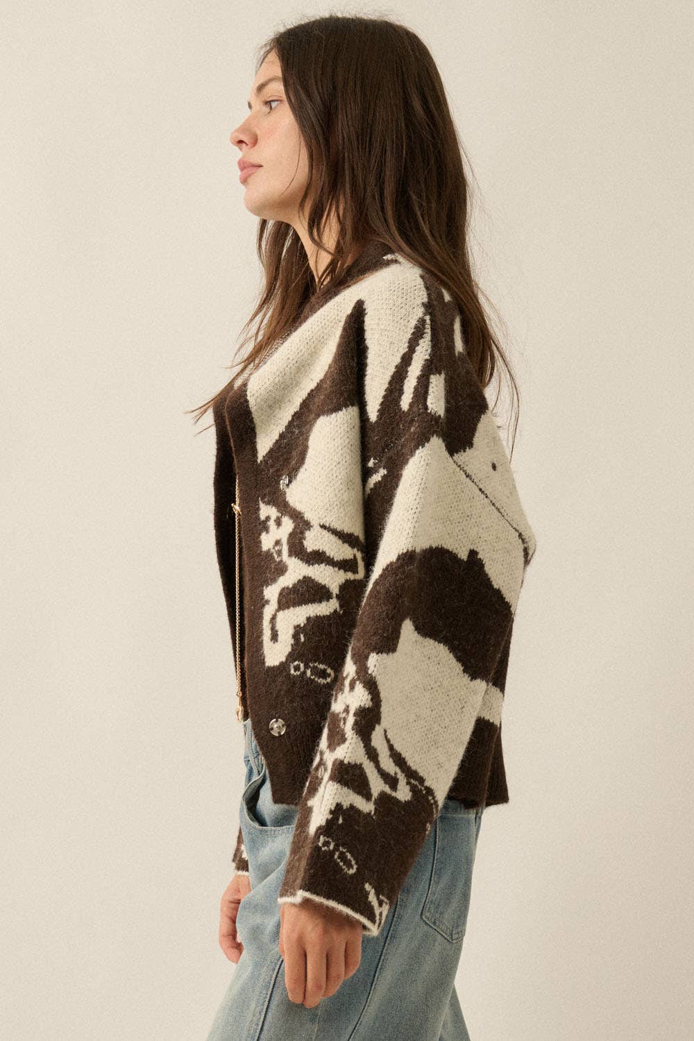 Jacquard-Knit High-Collar Sweater Jacket