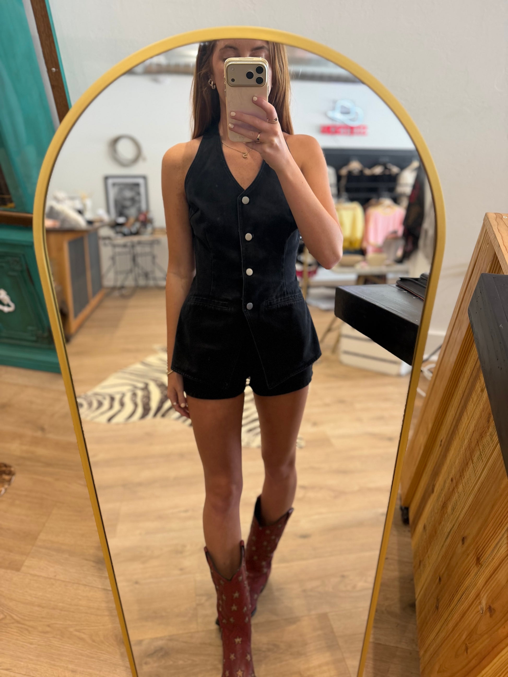 Black Denim Vest-Style Romper