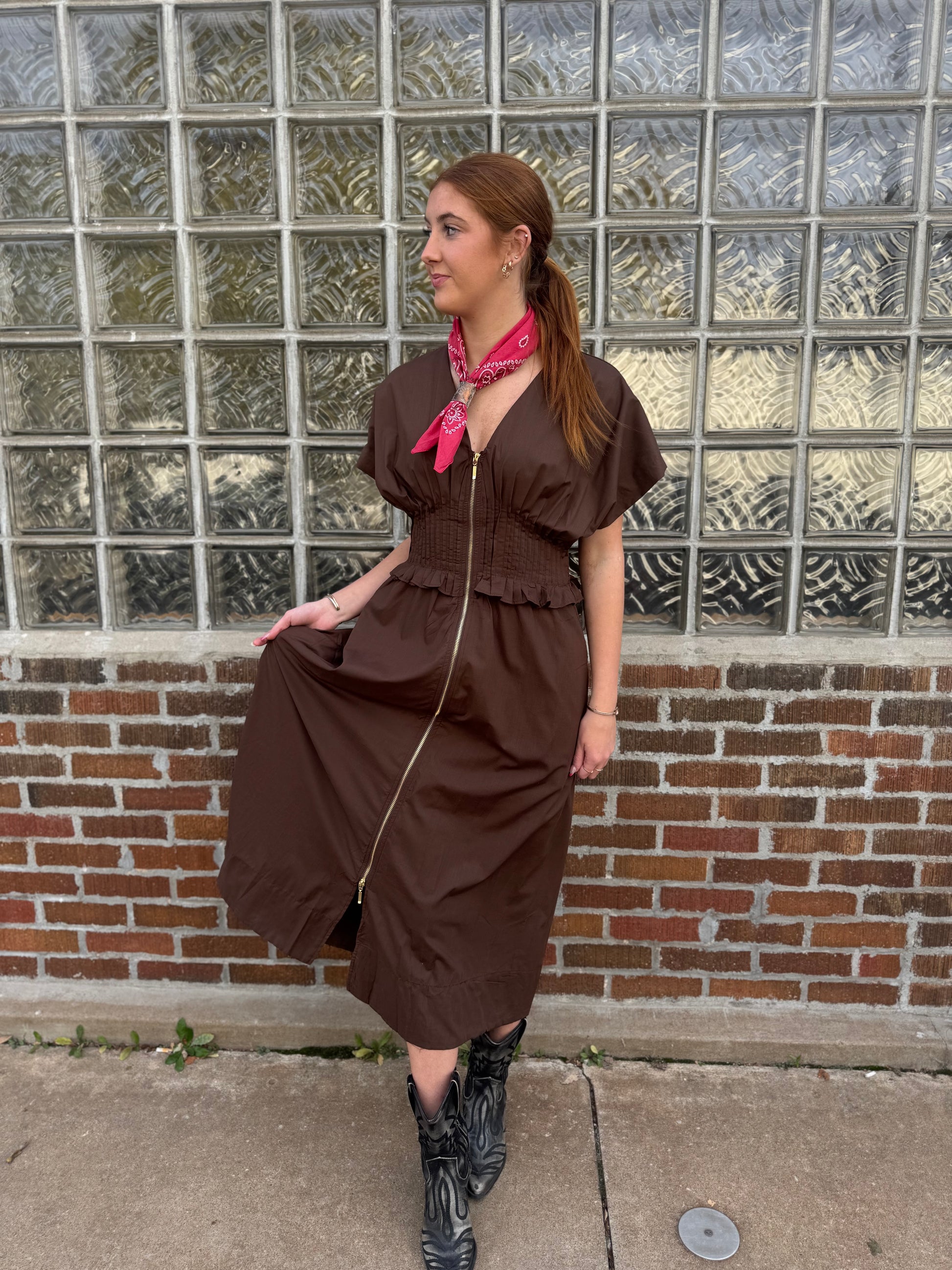 Brown Derby Zip Dress