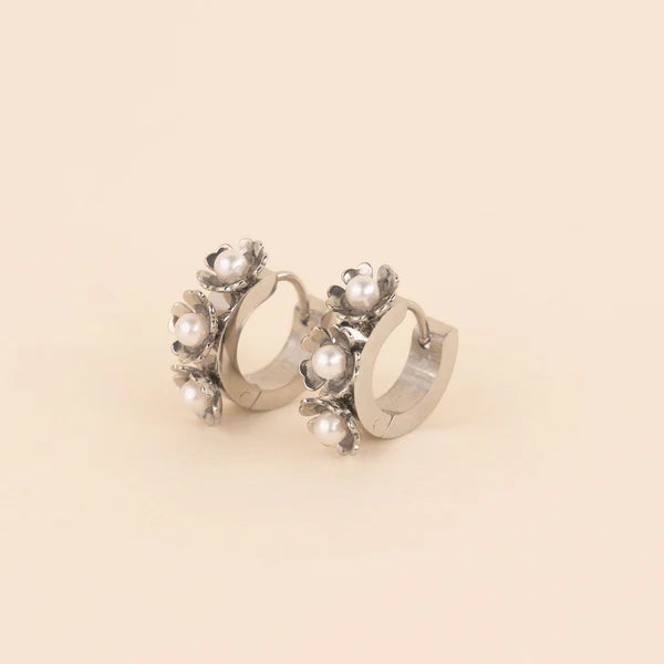 Pearl Flower 3D Huggie Earrings
