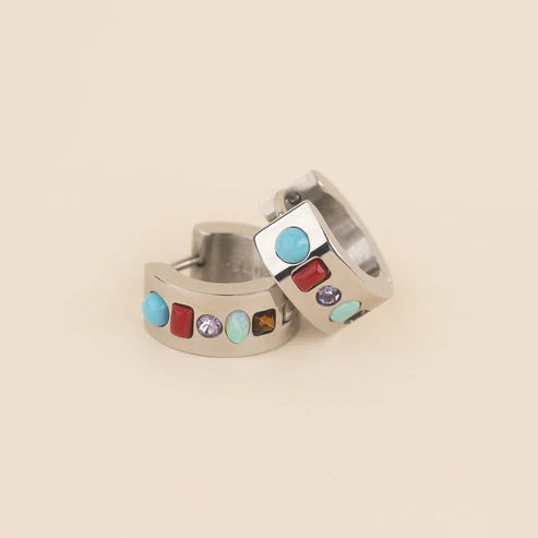 Gemstone Super Chunky Huggie Hoop Earrings Silver