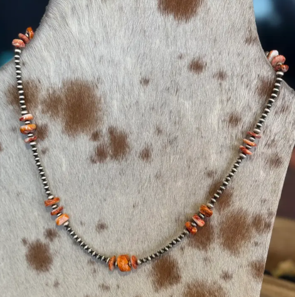 Orange Spiny Oyster & Sterling Pearls Necklace