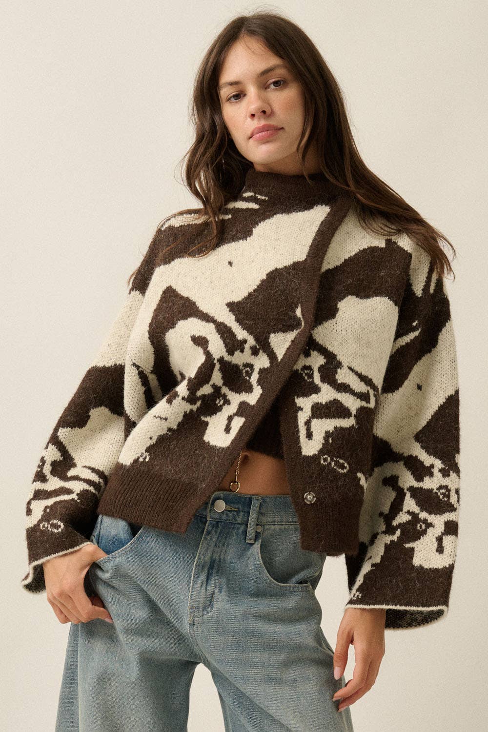 Jacquard-Knit High-Collar Sweater Jacket